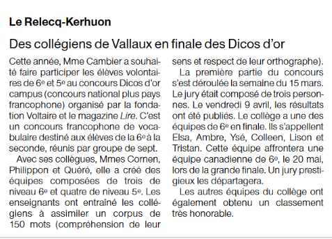 Ouest-France du 15 avril 2021